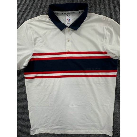 Puma Polo Mens Medium White Striped United We‎ Stand Volition American Shirt - Picture 1 of 13